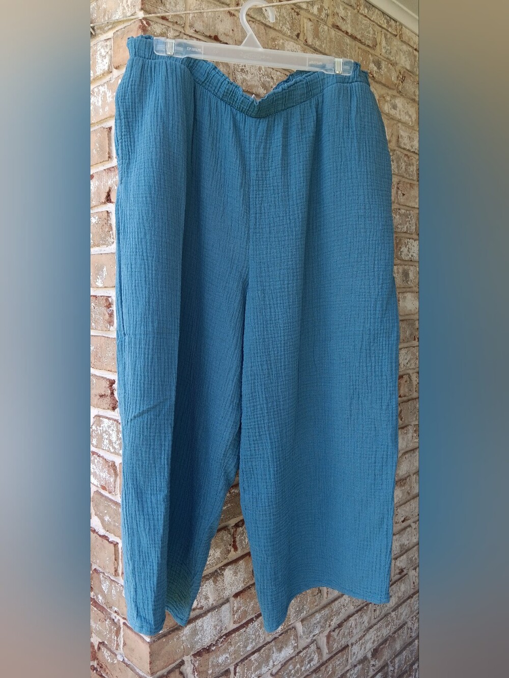 Blue Elastic-Waist Cotton Gauze Ankle Pants